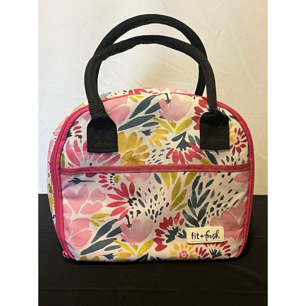 fit + fresh Insulated Lunch Bag Multicolor Pink Zip Close Outside Inside Pocket‎